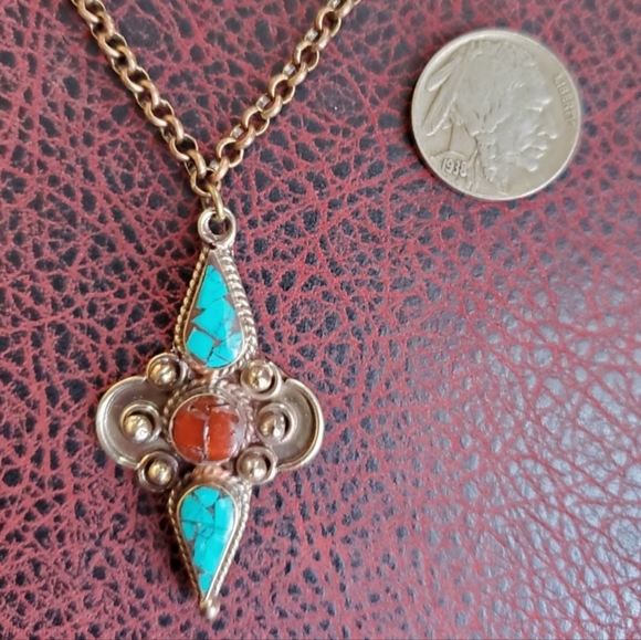 GENUINE TURQOISE AND PEARL Tibetian Pendant 20" on Leather Necklace HANDMADE - Picture 2 of 5